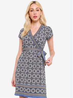L Max Studio Faux Wrap Blue Moroccan Pattern Dress